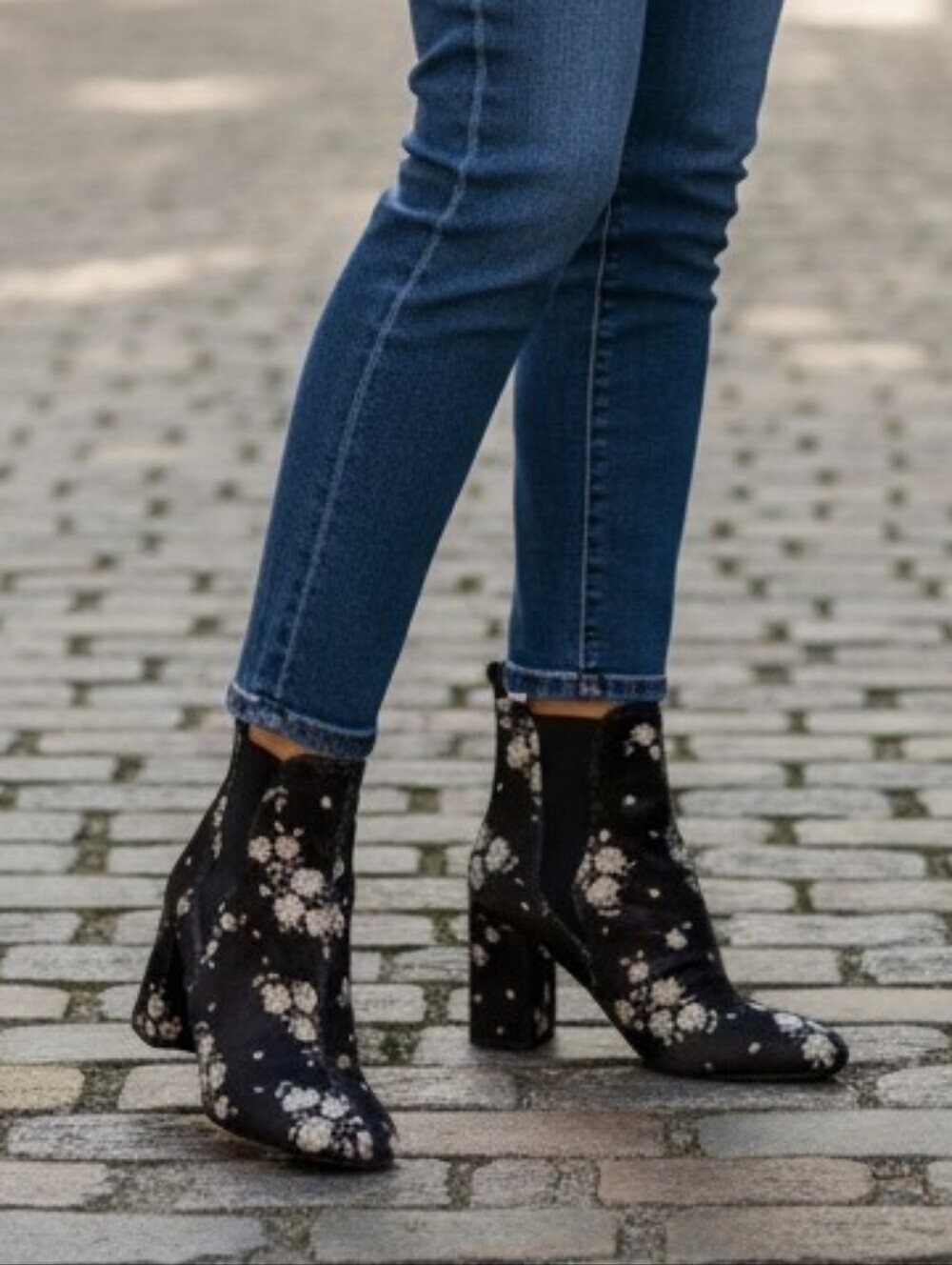 Divided Black Floral Velvet Ankle Booties